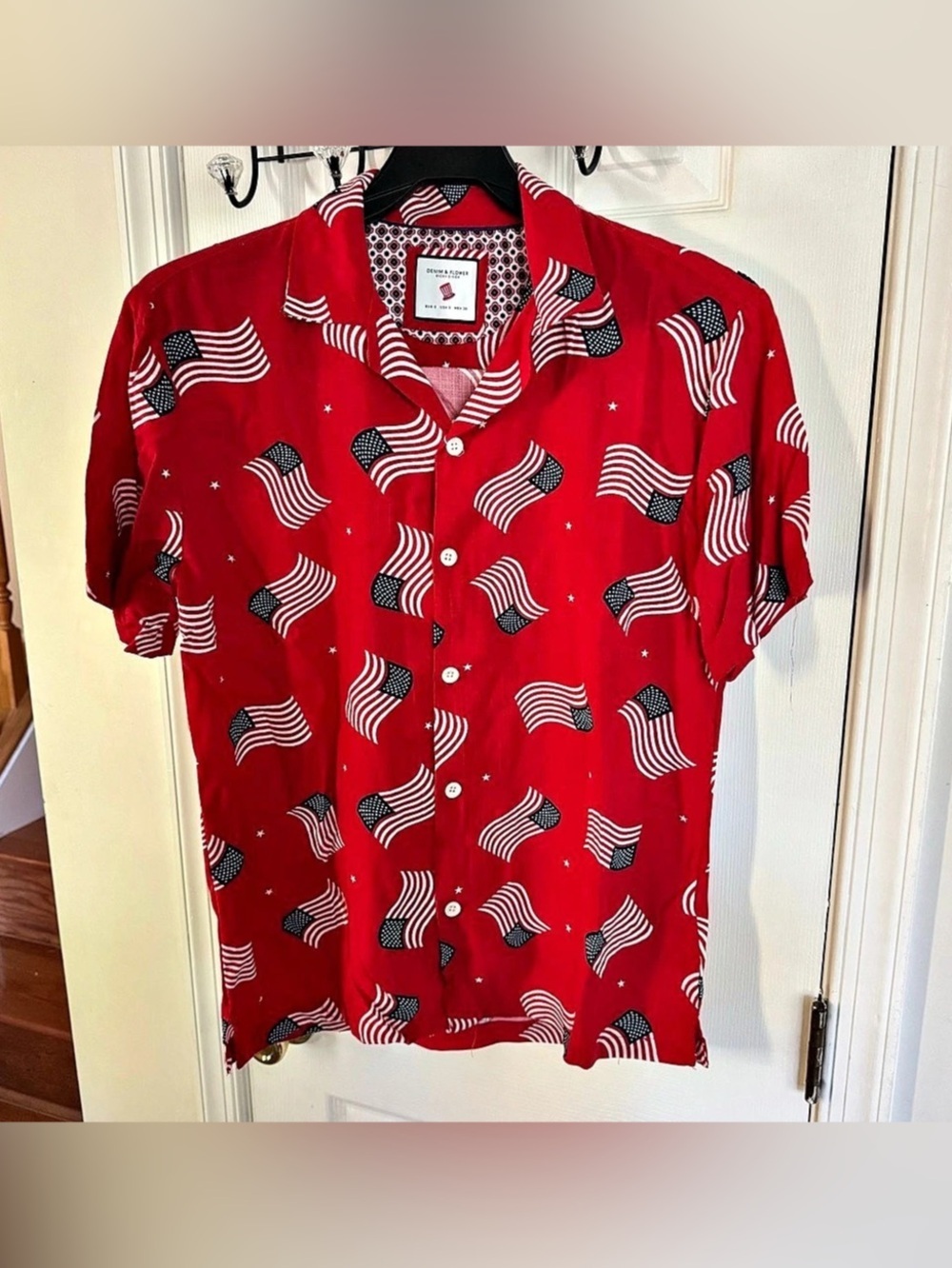 Denim & Flower Ricky Singh Men's S Red USA Flag Short Sleeve Button Up Shirt NWT
